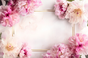 floral peony photo frame background with copy space. Flat lay composition with peonies on a pastel background.