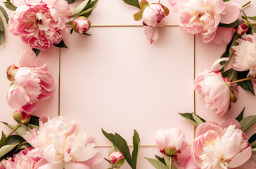 Naklejka na ściany i meble floral peony photo frame background with copy space. Flat lay composition with peonies on a pastel background.