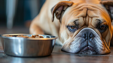 A sad dog lies next to a bowl of food. Sick dog.