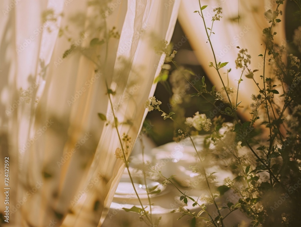 Poster Wedding table with flowers. Generative AI.