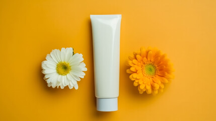 a plastic tube of cream set against an orange background adorned with vibrant gerbera flowers.
