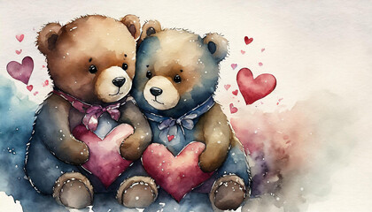 Pair of teddy bears with heart, watercolor style, copyspace on one side