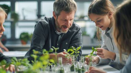 Teacher man in biology classroom make experiment with kids, Teacher woman learning about plants. - obrazy, fototapety, plakaty