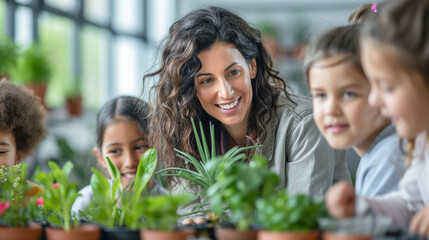 Teacher woman in biology classroom make experiment with kids, Teacher woman learning about plants. - obrazy, fototapety, plakaty