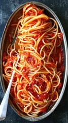 Spaghetti with tomato sauce in a metal bowl. Generative AI.