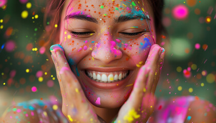 Cheerful young woman covered in rainbow powders celebrating holi festival