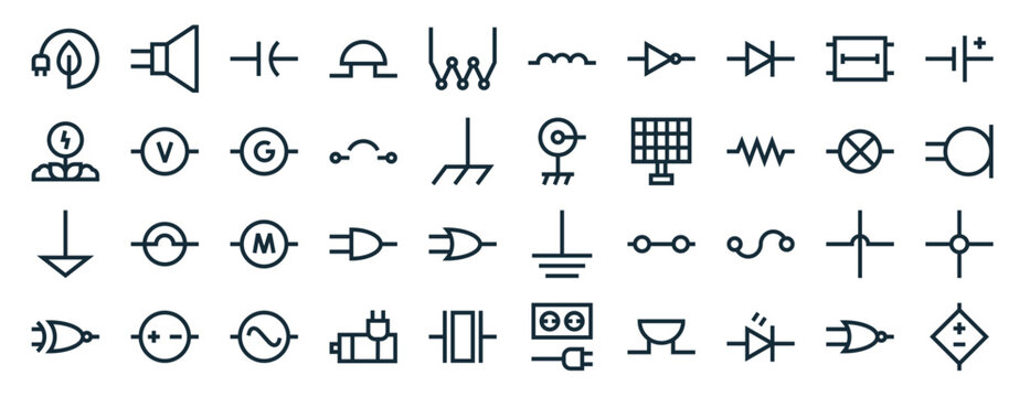 set of 40 outline web electronics symbols icons such as loud speaker, nature, common ground, xor gate, lamp, dc voltage source, inductor icons for report, presentation, diagram, web design, mobile