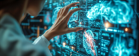 Digital healthcare on the futuristic hologram. scientist or doctor analyzes human anatomy and brain on digital futuristic virtual interface, AI technology, digital	