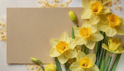 Yellow daffodils in soft focus on paper, spring flowers background, empty space for text