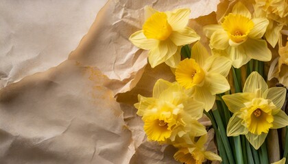 Yellow daffodils in soft focus on paper, spring flowers background, empty space for text