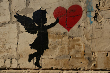 Obraz premium Graffiti of a silhouette Cupid holding a heart. Generative AI