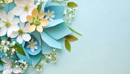 Spring flowers background, empty space for text, blue image of a romantic greeting card