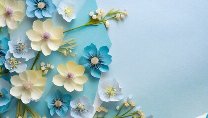 Spring flowers background, empty space for text, blue image of a romantic greeting card