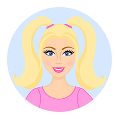 Cartoon avatar of a young girl. Smiling woman. Round icon. Cute face. Caucasian woman. Pink t-shirt. Two ponytails hairstyle. Portrait of a teen. Blond hair	