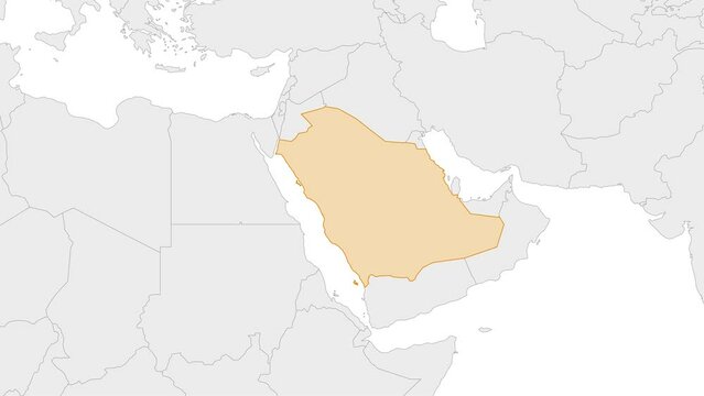 Animation of Saudi Arabia country map on the world map. Animation of map zoom in with border and marking of major cities and capital of the country Saudi Arabia. Background with alpha channel.