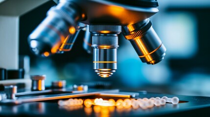 Examination of the sample with germs and bacteria under a microscope, microscope closeup, examining with a microscope, medical banner, medical background, medical concept, health concept, health banne