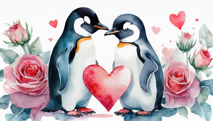 Pair of penguins with heart, watercolor style, copyscape on one side