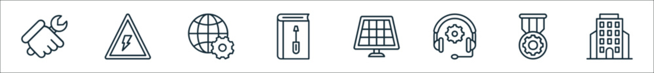 outline set of engineering elements line icons. linear vector icons such as technical support, voltage, solution, manual book, solar plane, technical support, cog, skyscraper