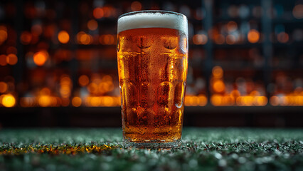 Glass of fresh and cold beer on soccer football stadium background