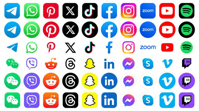 Instagram, TikTok, Facebook, Whatsapp, X (Twitter), YouTube, Telegram, Zoom, Viber, WeChat, Twitch, Snapchat, Pinterest, Threads, Reddit and LinkedIn app icons.