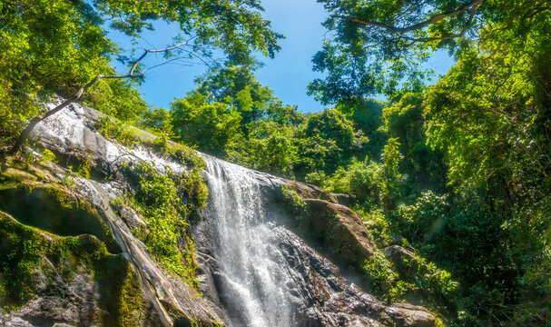 Secluded waterfall deep in the  rainforest of the protected resort island of Ilha Grande, Rio de Janeiro state, Brazil, The island interior is a nature reserve