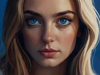 Oil Painting. Portrait of a woman with blue eyes. Blue background. Generative AI