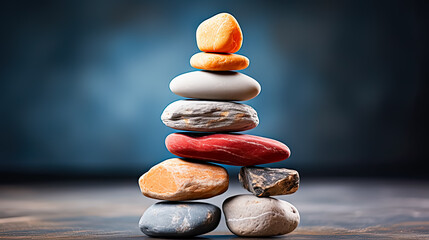 counterbalanced stones set against a calming gray background - obrazy, fototapety, plakaty