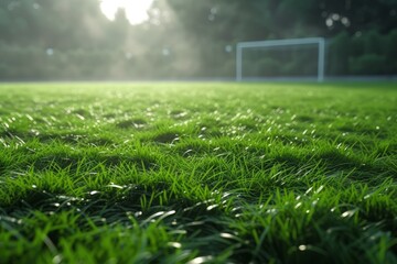 Green grass field with soccer goal in the distance - obrazy, fototapety, plakaty