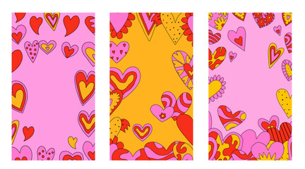set of vertical frames with hearts for Valentine's day.layered template for social media on the 14th of February. romantic stories for lovers.psychedelic 1970s style,hippie retro vibe,only good vibes