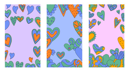 set of vertical frames with hearts for Valentine's day.layered template for social media on the 14th of February. romantic stories for lovers.psychedelic 1970s style,hippie retro vibe,only good vibes	