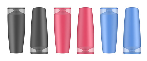 Set of black, red and blue shampoo and conditioner bottles. Realistic mockup. Korean packaging. Lotion or shower gel. Hair treatment, mask. Cosmetic bottle with transparent cap standing upside down