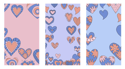 set of vertical frames with hearts for Valentine's day.layered template for social media on the 14th of February. romantic stories for lovers.psychedelic 1970s style,hippie retro vibe,only good vibes	