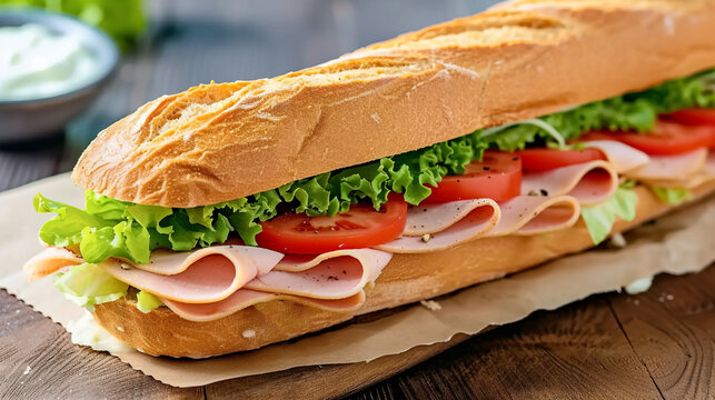 Delicious homemade pastrami sandwich with turkey tomatoes and lettuce in fresh baguette. Traditional American lunch