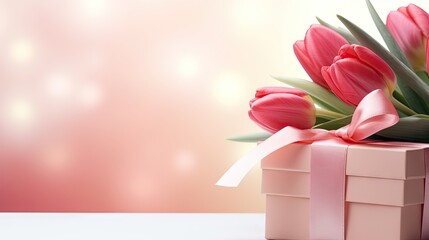 Close-up view of a gift box with a pink ribbon amid a bouquet of red tulips.