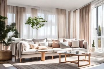 A cozy and stylish living room interior. Couch sofa with linen cushions in pastel neutral colors next to window with white curtains and streams of natural light creates a warm atmosphere