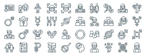 set of 40 outline web identity icons such as identity, genderqueer, he, gender identity, female, gender neutral, woman icons for report, presentation, diagram, web design, mobile app