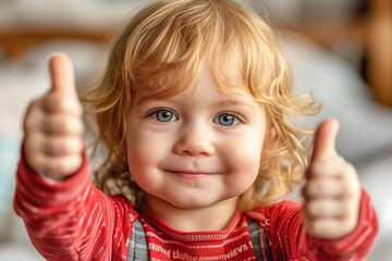 Cute cheerful smiling toddler girl with red curly hair holding her hand with thumb up in approving gesture. Creative banner for different concepts