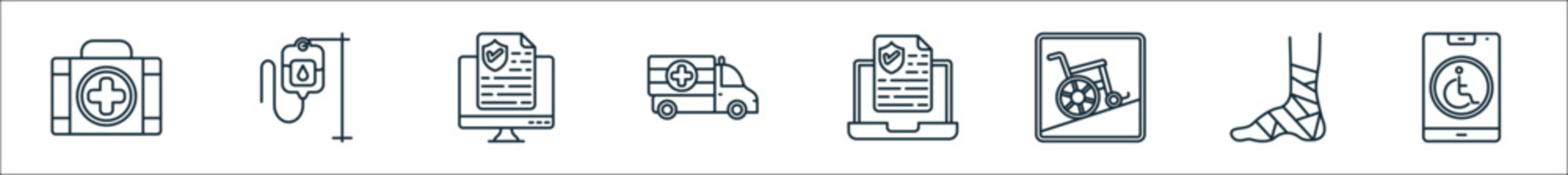 outline set of persons with disabilities line icons. linear vector icons such as medical kit, blood bag, insurance, ambulance, insurance, disabled, injured, mobile phone