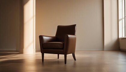 Luxury vintage brown leather Armchair against beige blank Wall Interior space in a large empty room


