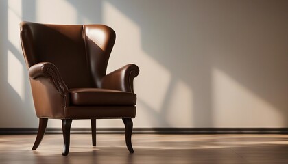 Fototapeta premium Luxury vintage brown leather Armchair against beige blank Wall Interior space in a large empty room