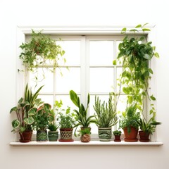 Window decorated with plants isolated on white background