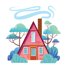 Tiny house with chimney and pitched roof in the forest. Stylized turquoise and purple colors