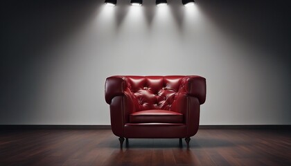 Luxury vintage red leather Armchair against dark blank Wall Interior space in a large empty room, copy space for text

