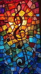 Stained glass window background with colorful Music note abstract.