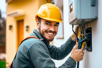 Home Charging Happiness: Electrician Grinning at Work