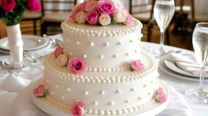 Fototapeta na wymiar Elegant Wedding Dessert: Three-tiered Cake with Delicate White Frosting