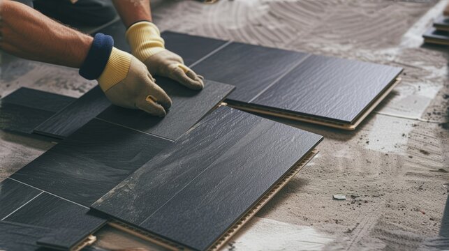 Handyman installing new vinyl floor tiles