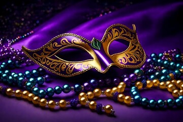 Mardi Gras carnival mask and beads on purple background with copyspace
