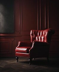 Luxury vintage red leather Armchair against dark blank Wall Interior space in a large empty room, copy space for text

