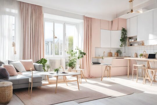 Scandinavian style small studio apartment with stylish design in light pastel colors with big window, living room, kitchen space and bed